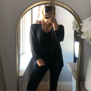 Women’s blouse cold shoulder beaded black long sleeve top